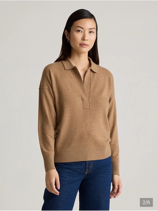Quince Sweaters - QUINCE Mongolian Cashmere Polo Sweater Solid Tan Camel Pullover Knit Large